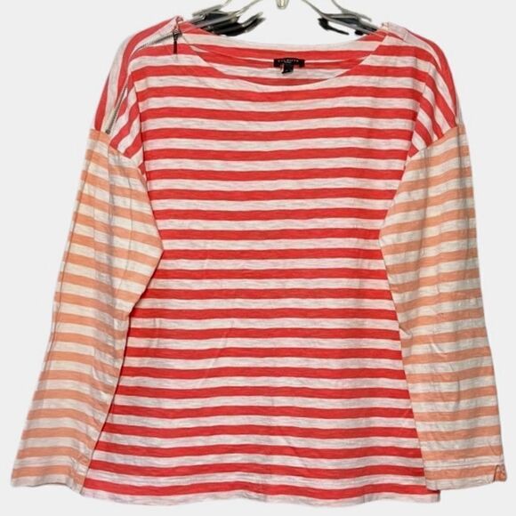 Talbots Striped Long Sleeve Top with Zipper Detail in Orange/White Women’s LP - Picture 1 of 7